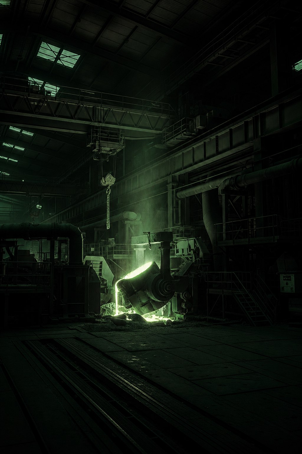 Steel plant illuminated by molten metal